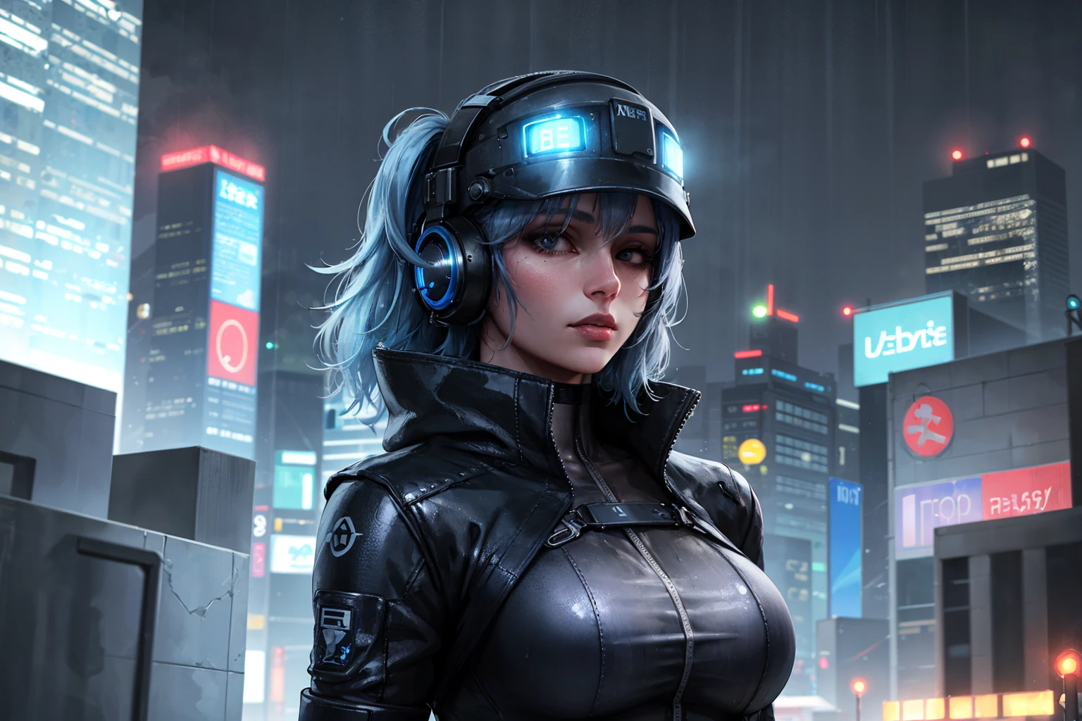 1girl, lady with cybernetic parts, glowing visor, short light blue hair, techwear, oversized black jacket, skyscraper outdoors, neon rim light, night, rain, volumetric lighting, best quality, masterpiece, (realistic:1.3)