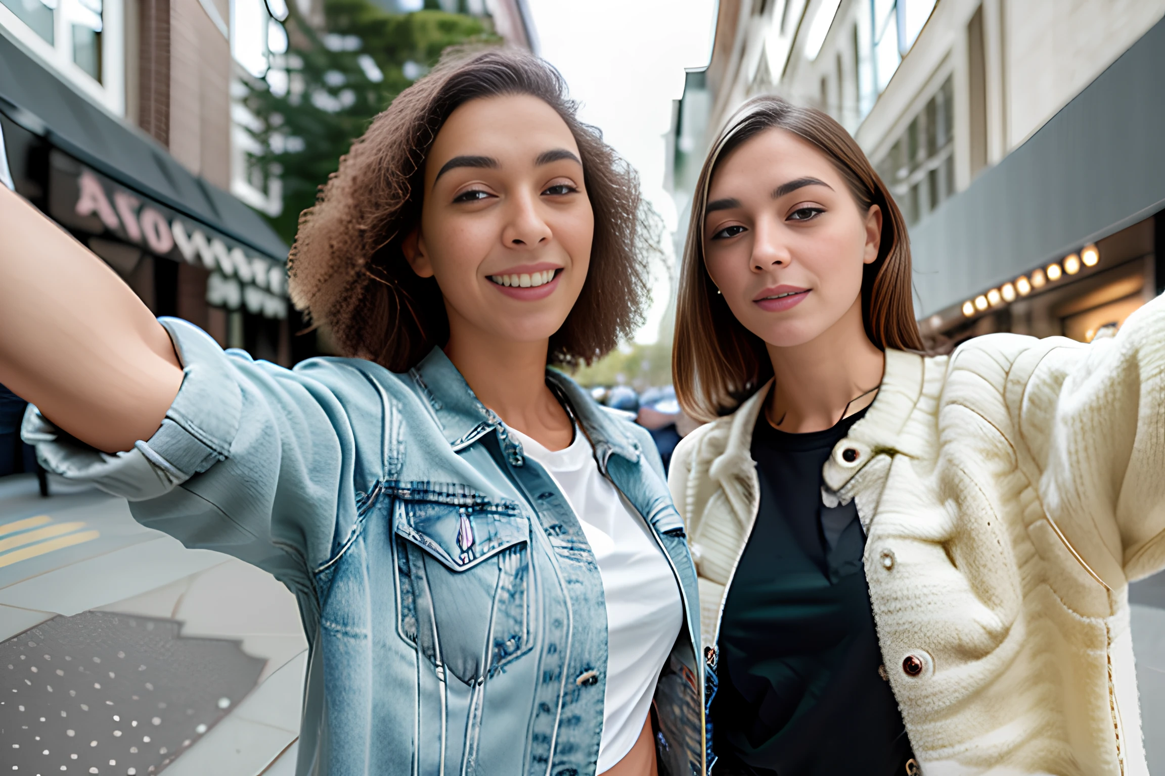 RAW photo, (masterpiece), best quality, extremely detailed,two women, couple, sharp, studio quality, jean jacket, red shorts,outside, standing, evening, buildings,(outside in the city), standing, evening, sidewalk, (looking at viewer), 8k uhd, dslr, soft lighting, high quality, film grain, Fujifilm XT3, (full body portrait), (pov view), ((armoutstretched:1.2)), <lora:selfiearm:0.85>