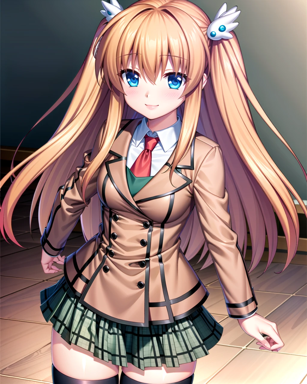 ((masterpiece)), ((best quality)), ((highres)), ((extremely detailed CG unity 8k wallpaper)), solo, <lora:ohtori chihaya:0.8>, ohtori chihaya, orange hair, two side up, hair ornaments, brown blazer, pleated green plaid skirt, black stockings, classroom, smile