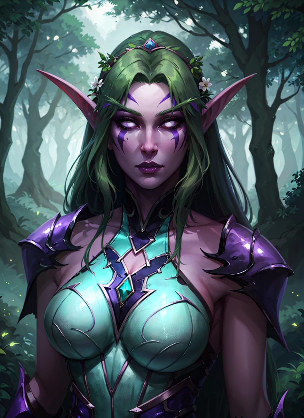 1girl, beautiful shenelf, purple skin, glowing white eyes, long green hair, flower crown, facepaint, purple armored dress, forest, tree, dark atmosphere, athletic, volumetric lighting, best quality, masterpiece, realistic, <lora:sxz-night-elf-v3:0.7>