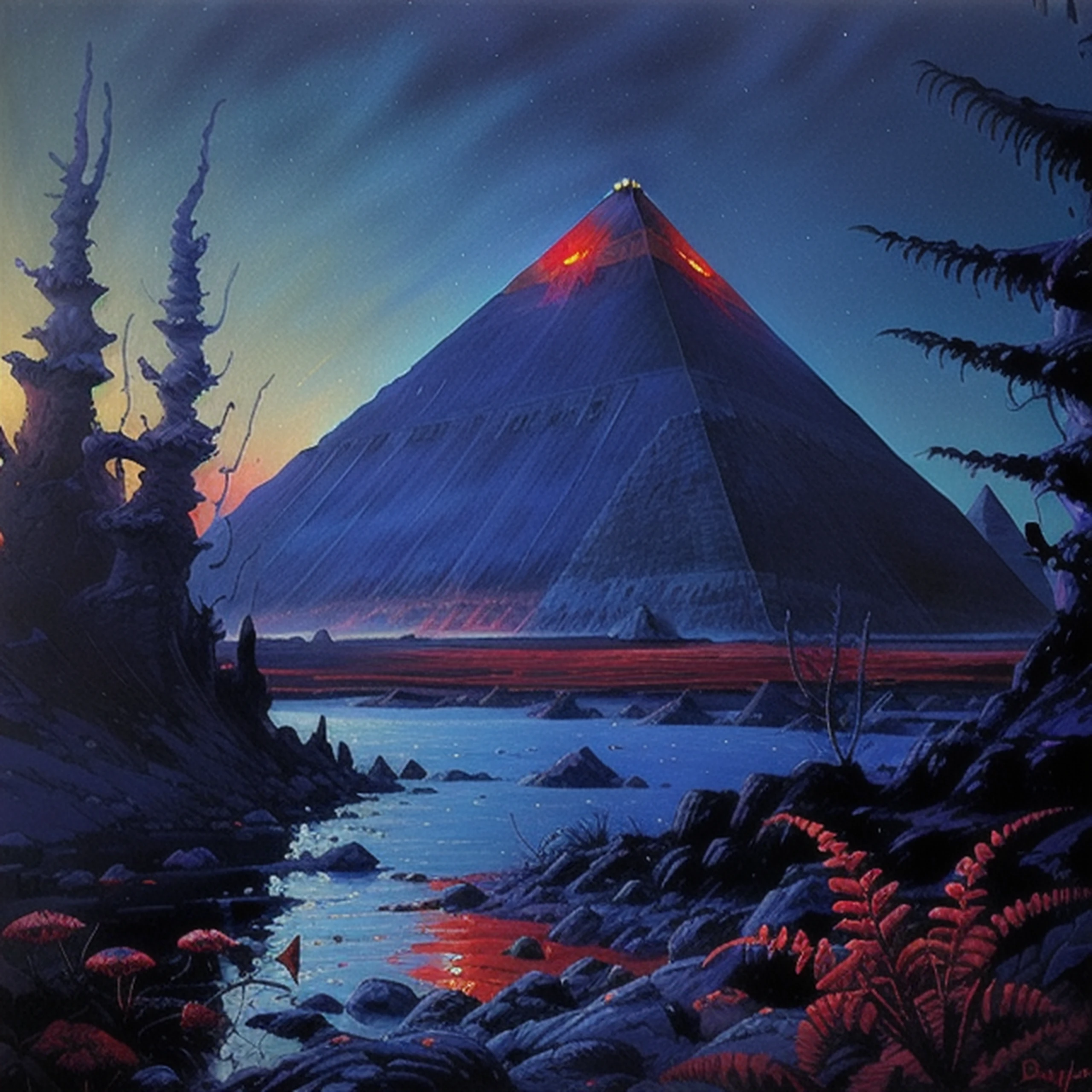 <lora:CosmicLandscapes:0.7>, CosmicLandscapes, ((retro)), ((mysterious)), ((painting of an alien landscape)), ((red lake)), (blue sky), ((thin atmosphere)), ((alien plants)), ((pyramid)), rocks, chiaroscuro, beautifully lit, cinematic lighting, dramatic lighting, natural lighting, naturalism, (golden ratio), detailed, 8K, by Bruce Pennington, Danny Flynn <lora:theovercomer8sContrastFix_sd15:0.6>, by alexi zaitsev, by Antoine Blanchard, by Brent Heighton, by Jeremy Mann