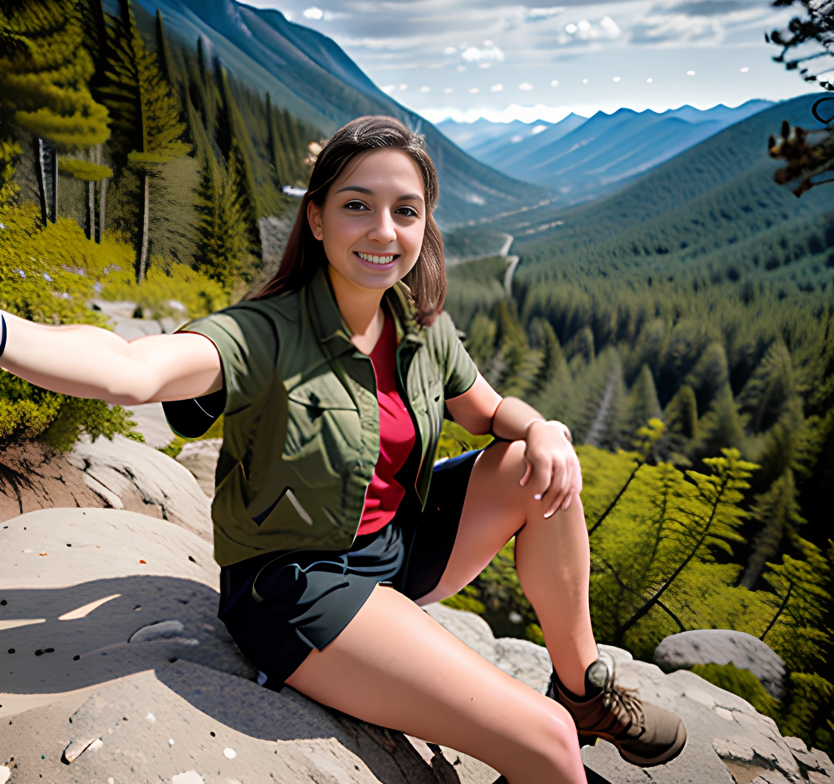 RAW photo, (masterpiece), best quality, extremely detailed, (man and woman), ((two people):1.2), (couple), sharp, studio quality,technical jacket hiking shorts,outside, sunny day,(outside on hiking trail), sitting, mountains, trees, dirt trail, (looking at viewer), 8k uhd, dslr, soft lighting, high quality, film grain, Fujifilm XT3, (full body portrait), (pov view), ((armoutstretched)), <lora:selfiearm:0.85>