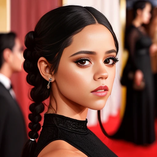 photo of JennaOrtega, a woman as a movie star, modelshoot style, (extremely detailed CG unity 8k wallpaper), Intricate, High Detail, Sharp focus, dramatic,photorealistic painting art by midjourney and greg rutkowski , (frowning, twin braids), ((movie premiere gala)), ((standing on the red carpet)), ((paparazzi in the background)), (looking at viewer), (detailed pupils:1.2), (elegant black dress:1.3) dimly lit, <lora:JennaOrtega:0.6>
