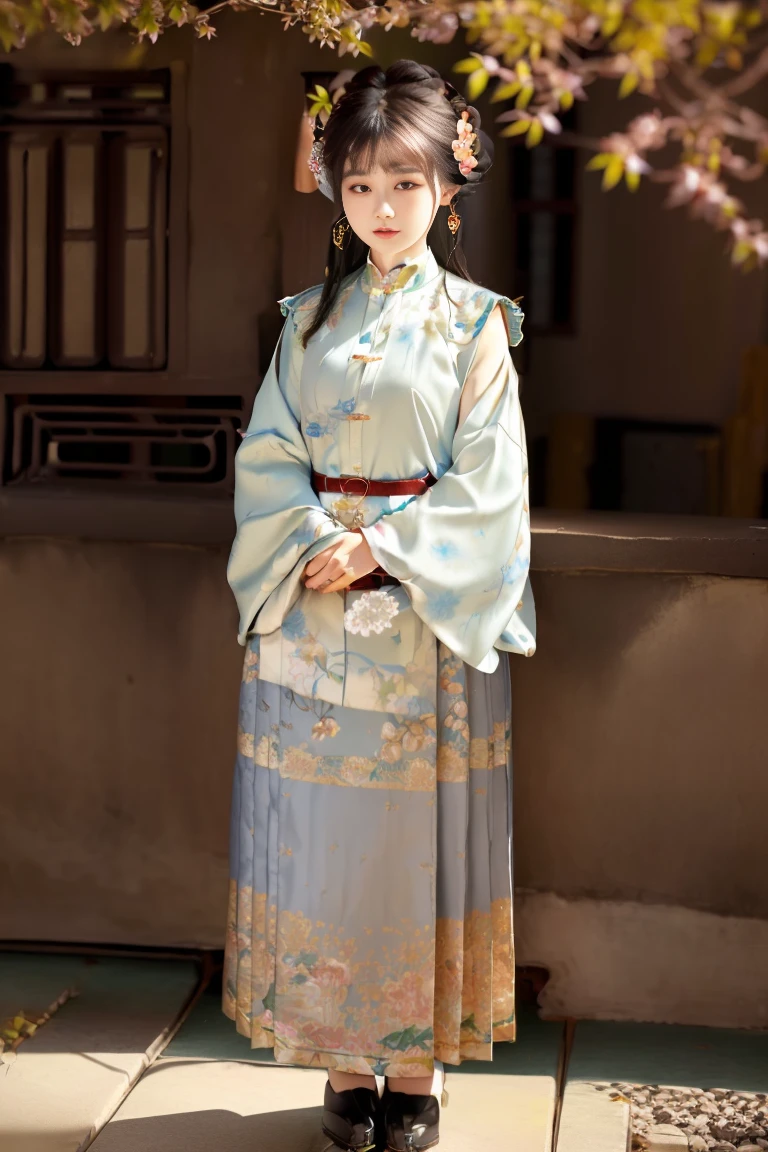 RAW, symmetrical, slow motion,(beautiful:1.1),(attractive),perfectly detailed eyes,<lora:hanfuMing30:0.7>,<lora:shojovibe_v11:0.8>,(ming hanfu, ming style outfits, 1girl wearing  short coat and mamian skirt, standing collar:1.2),(full body: 1.3)