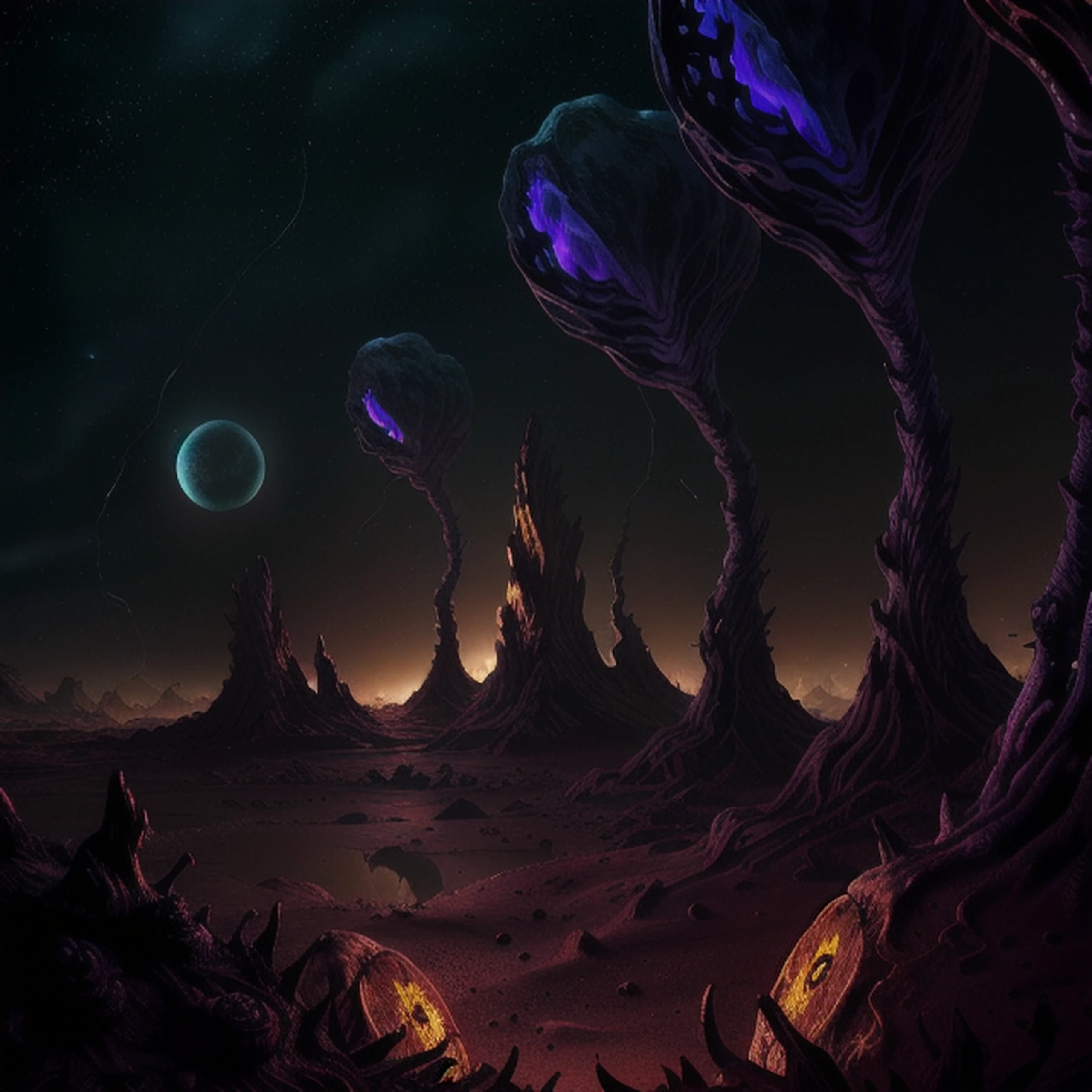 <lora:CosmicLandscapes:0.7>, CosmicLandscapes, ((painting of an alien landscape)), ((barren planet)), ((thin atmosphere)), ((alien plants)), ((city)), rocks, chiaroscuro, beautifully lit, cinematic lighting, dramatic lighting, natural lighting, naturalism, (golden ratio), detailed, 8K, by Bruce Pennington, Danny Flynn <lora:theovercomer8sContrastFix_sd15:0.6>