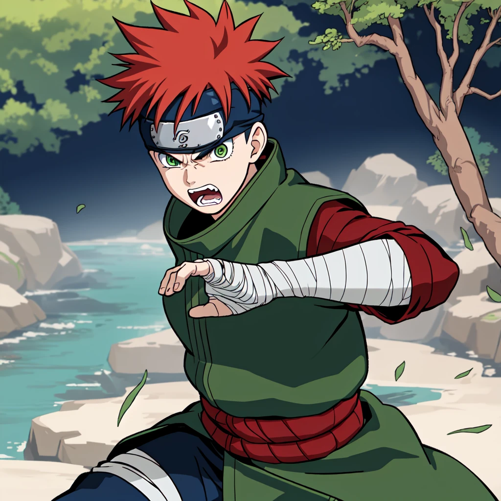 1boy, shinobi, ninja, angry, battle pose, battle stance, (half body, dynamic angle, dynamic composition) red_hair, green_eyes, coat, bandages, forehead protector, outside, near a river bank with trees, outdoors background, <lora:KM_NarutoS:0.5>