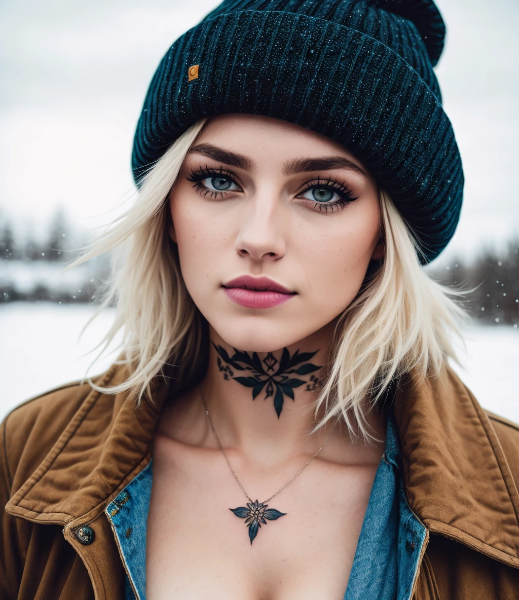 a photo of an Exquisitely beautiful white skin woman with messy blonde hair, 20 yo, (tomboy), (wearing Carhartt work coat, and beanie), eye focus, (highly detailed skin), clothed, standing outside on cold winter day, Athletic physique, voluptuous breasts, bare breasts, (a small breast tattoo:1.4), plump ass, perfect face, alluring eyes, perfect iris, (makeup), skin pores, (very light freckles:0.4), (nose piercing:0.6), film grain, photographed on a Canon EOS 5D, ((full body))