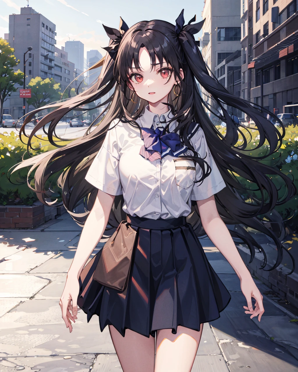 ishtar \(fate\), 1girl,solo,  <lora:IshtarV2:0.7>, cowboy shot, large breasts,black_hair,((school uniform:1.2)),outdoors,cityscape,