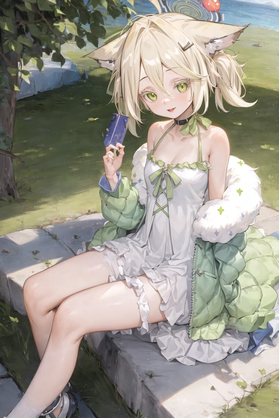 (masterpiece, best quality), (1girl, solo),
sitting, 
 <lora:mayumiVR_2.0_a3:0.7>, vr-mayumi, dress, jacket, halo