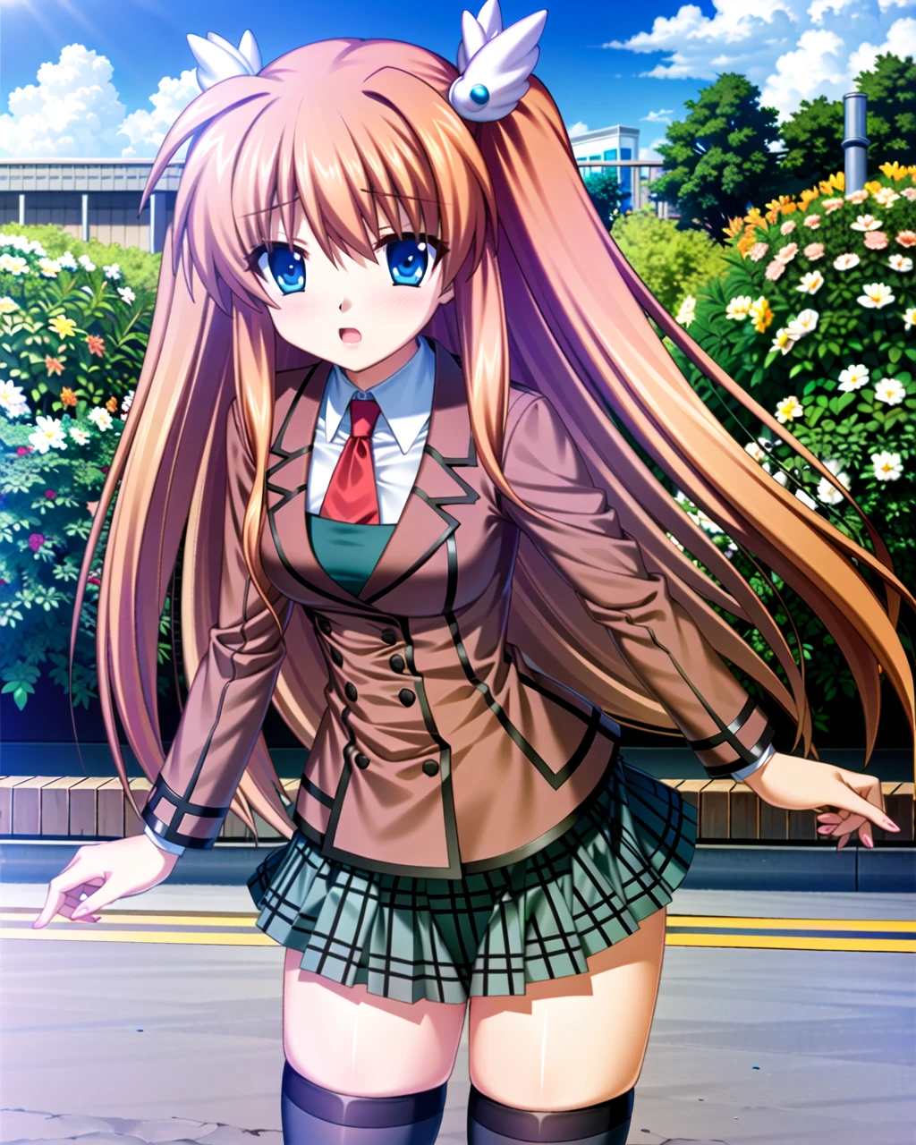 ((masterpiece)), ((best quality)), ((highres)), ((extremely detailed CG unity 8k wallpaper)), outdoors, <lora:ohtori chihaya:1>, ohtori chihaya, orange hair, two side up, brown blazer, pleated green plaid skirt, black stockings, stockings with bows, red tie, cowboy shot