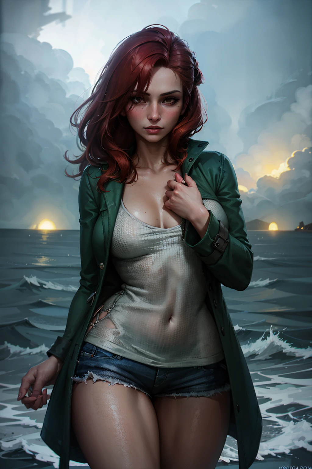 1girl, cowboy shot of redhead pirate, long green coat, sea, storm, dark atmosphere, volumetric lighting, best quality, masterpiece, chromatic aberration, realistic