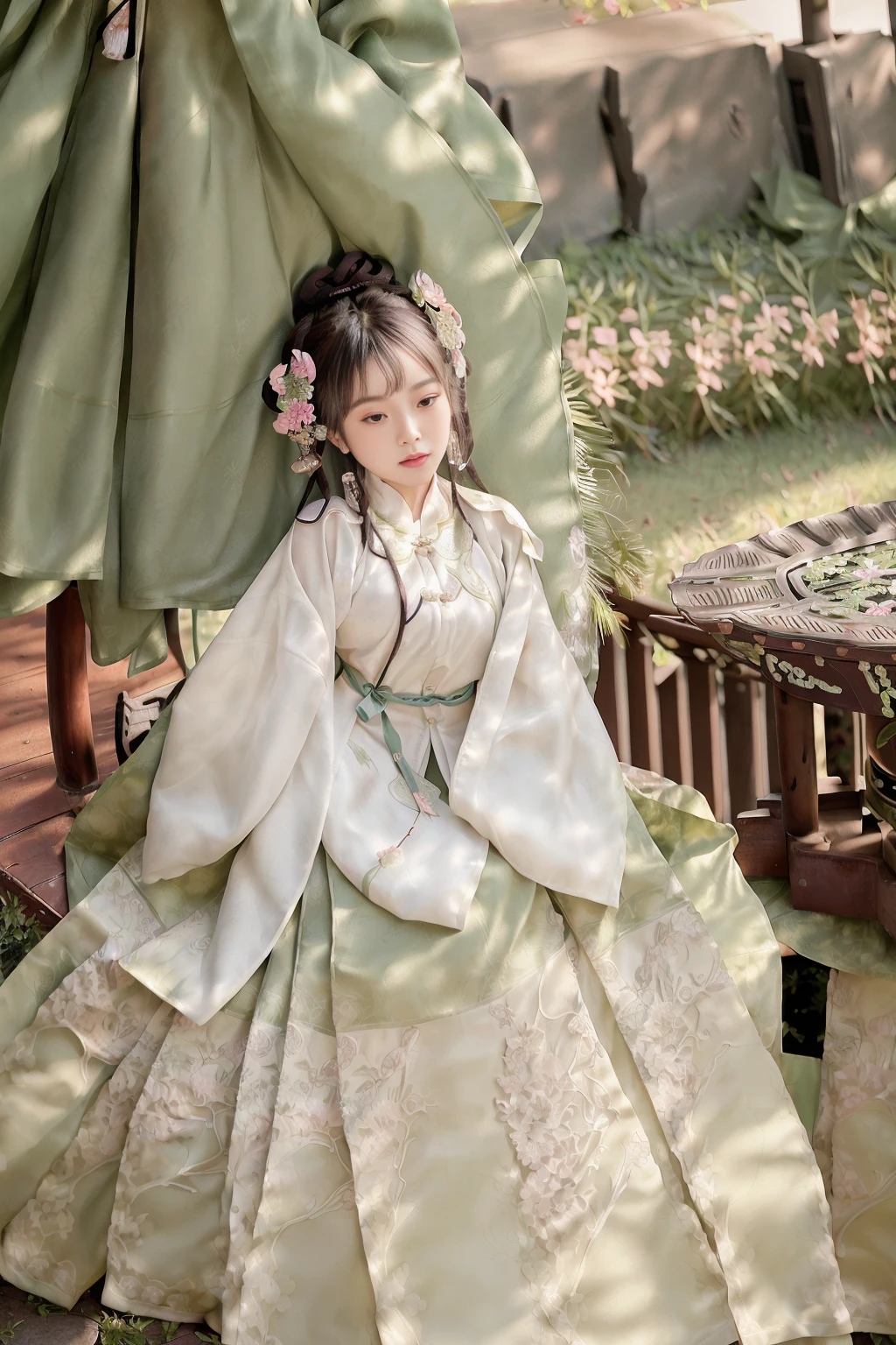 RAW, symmetrical,High detail RAW color photo professional close photograph, full figure, slow motion, (sexy:1.2),(mid breasts),(beautiful:1.1),(attractive),handsome,calendar pose,perfectly detailed eyes,<lora:hanfuMing30:0.8>, (ming hanfu:1.3), (1girl sit on be, wearing ming style outfits, short coat, mamian skirt, overlapping collar:1.2),(full body: 1.3),<lora:taiwanDollLikeness_v10:0.15>