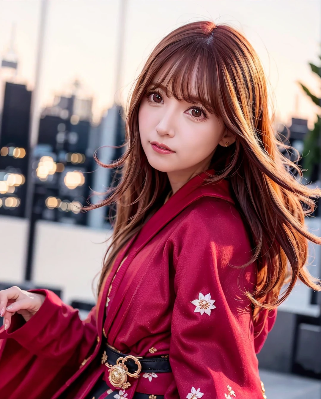 best quality, photorealistic, 8k, high res, 1girl, woman, (skindentation), (professional lighting), (portrait:0.6), (red kimono dress:2), gorgeous, ((black hair)), (medium hair:1.4), (floating hair:1.6), (1girl eyes looking at viewer:1.5), ((looking at viewer:1.6)), (looking at the camera), photorealistic, (bokeh), (portait:0.6), (dynamic pose:1.2), masterpiece, intricate, realistic, sharp focus, award-winning photograph, sfw, (smile:1), <lora:yua V2:0.8>