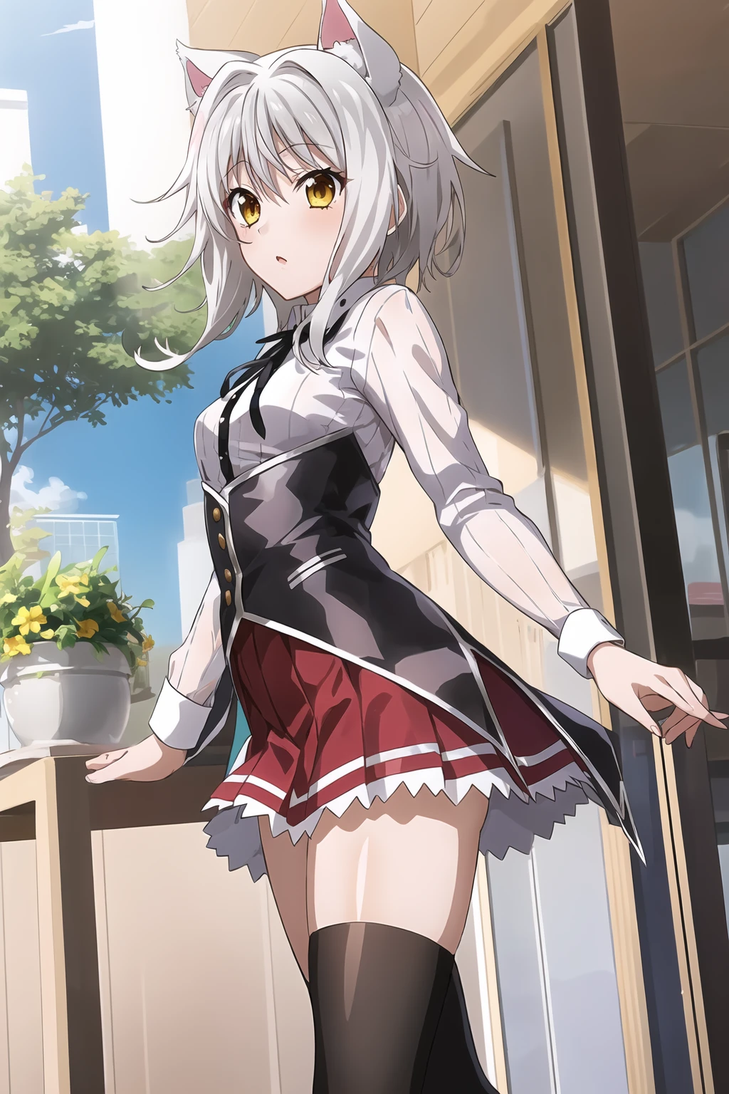 Koneko Toujou (DXD), 1girl, white hair, short hair, (konekouniform:1.4), school uniform, white shirt, skirt, red skirt, black ribbon, masterpiece, black corset, kneehighs, black socks, standing,