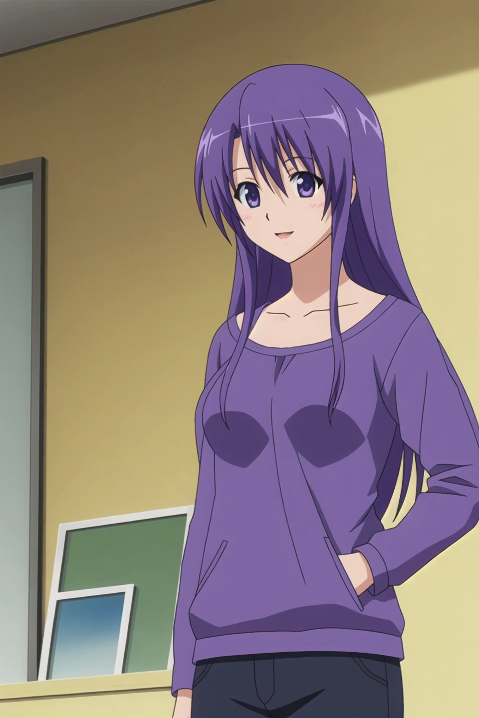 akiho, anime art style, 1girl, solo, long_hair, smile, open_mouth, shirt, hair_between_eyes, purple_eyes, collarbone, upper_body, purple_hair, :d