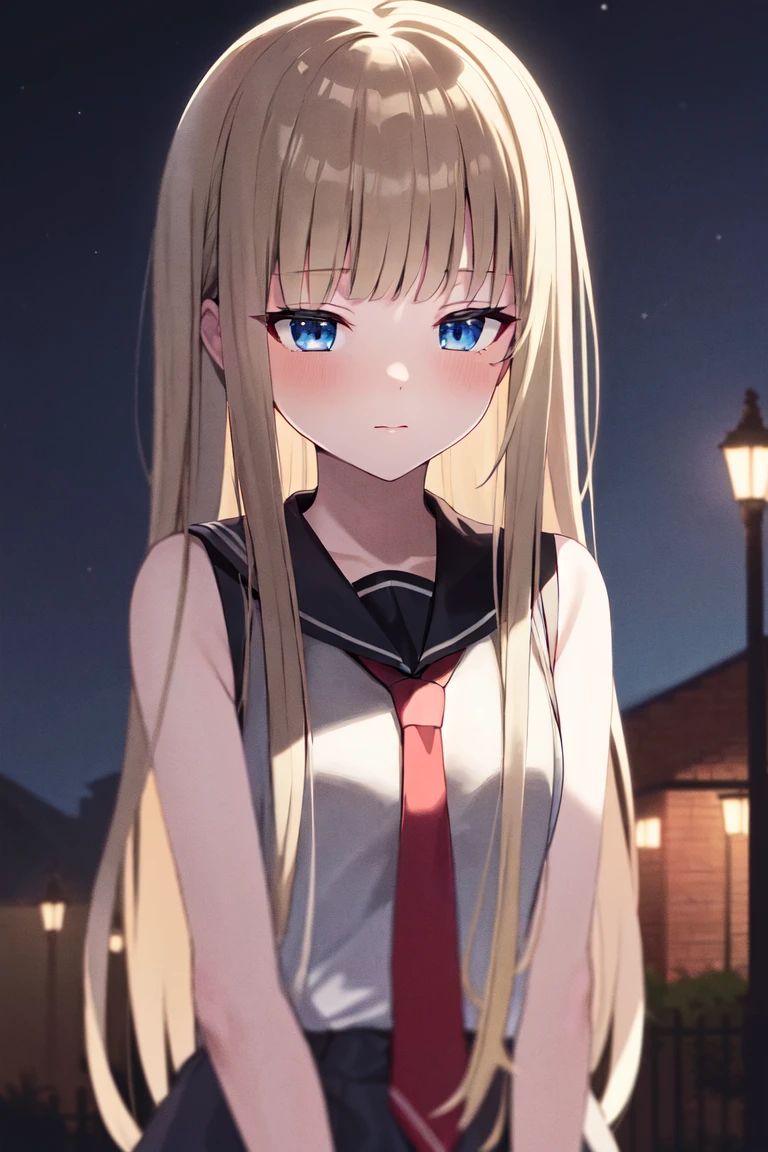 masterpiece, best_quality, 1girl, solo, evangeline a.k. mcdowell, blunt bangs, blonde hair, serafuku, black serafuku, sleeveless, red necktie, outdoors, night