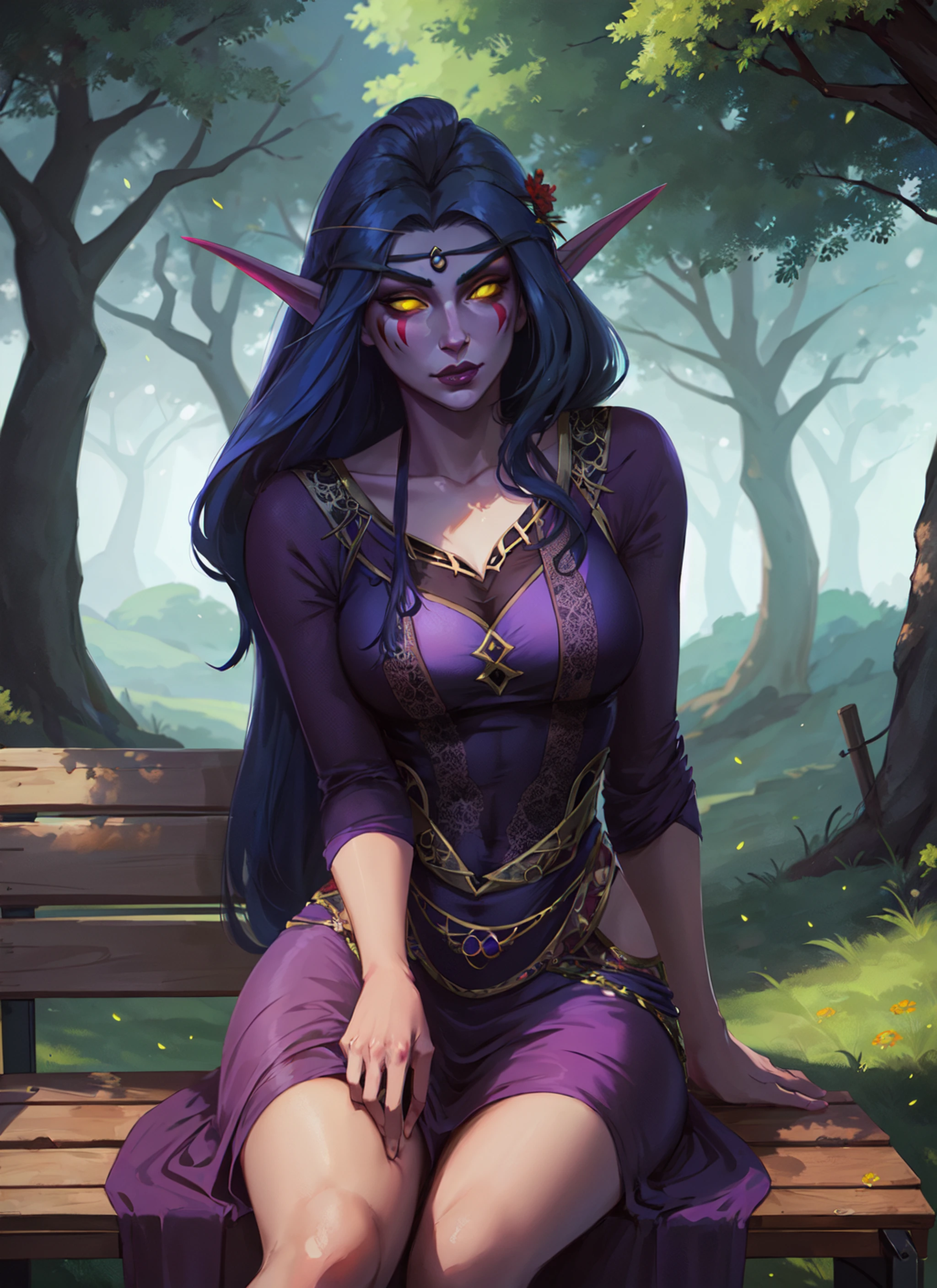 1girl, beautiful shenelf, purple skin, glowing yellow eyes, long blue hair, flower crown, facepaint, purple dress, medieval park, tree, wooden bench, dark atmosphere, athletic, volumetric lighting, best quality, masterpiece, realistic,  <lora:sxz-night-elf-v3:0.8>