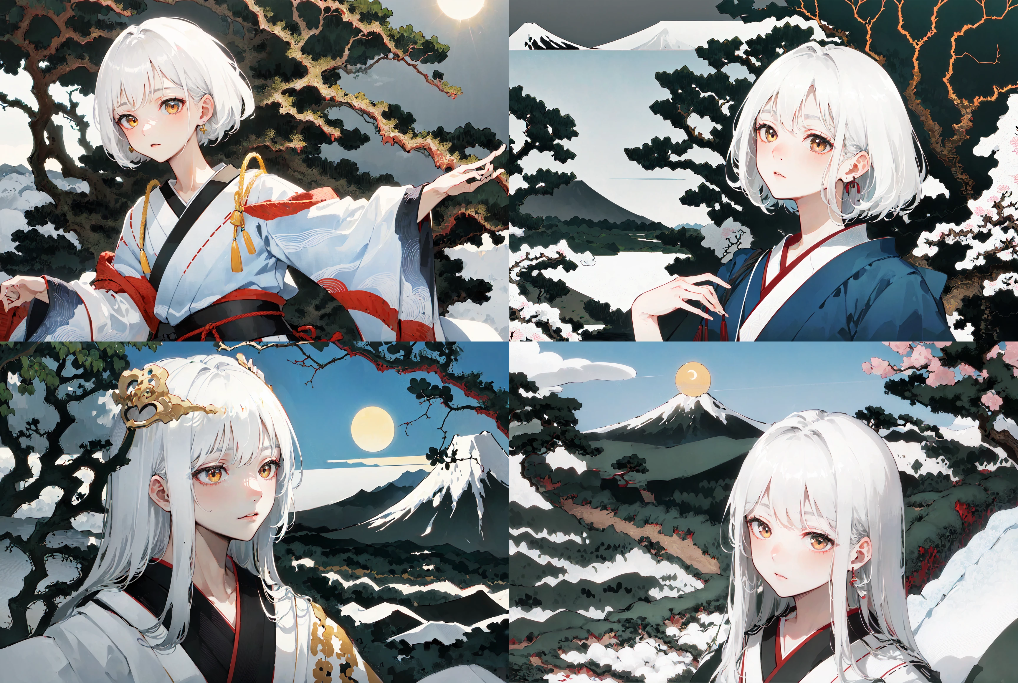 ((masterpiece)), ((high detail)),((ultra-detailed)),((delicate face)),White background, cloudy, high mountains, trees,The sun is in the sky,1 girl,white hair,Japanese kimono,Golden eyes, <lora:fuyuestylev3_10:1:MIDD>