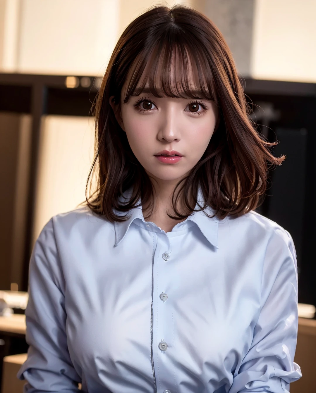 best quality, photorealistic, 8k, high res, 1girl, woman, (skindentation), (professional lighting), (portrait:0.6), (closed button office shirt:2), gorgeous, ((black hair)), (medium hair:1.4), (1girl eyes looking at viewer:1.5), ((looking at viewer:1.6)), (looking at the camera), photorealistic, (bokeh), (portait:0.6), (dynamic pose:1.2), masterpiece, intricate, realistic, sharp focus, award-winning photograph, sfw, (smile:1), <lora:yua V2:0.67>