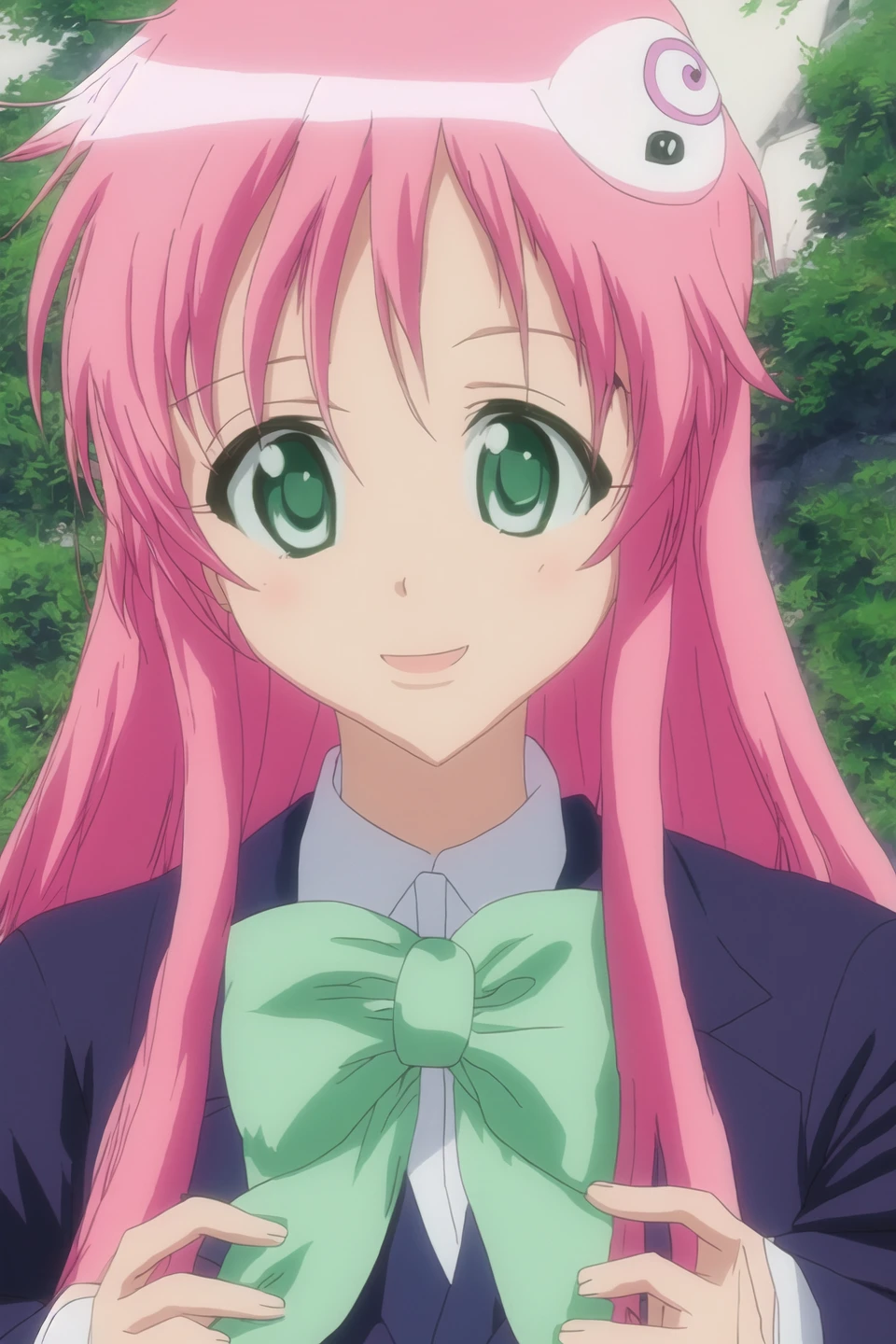 lala, anime art style, 1girl, solo, long_hair, smile, bow, school_uniform, green_eyes, pink_hair, close-up