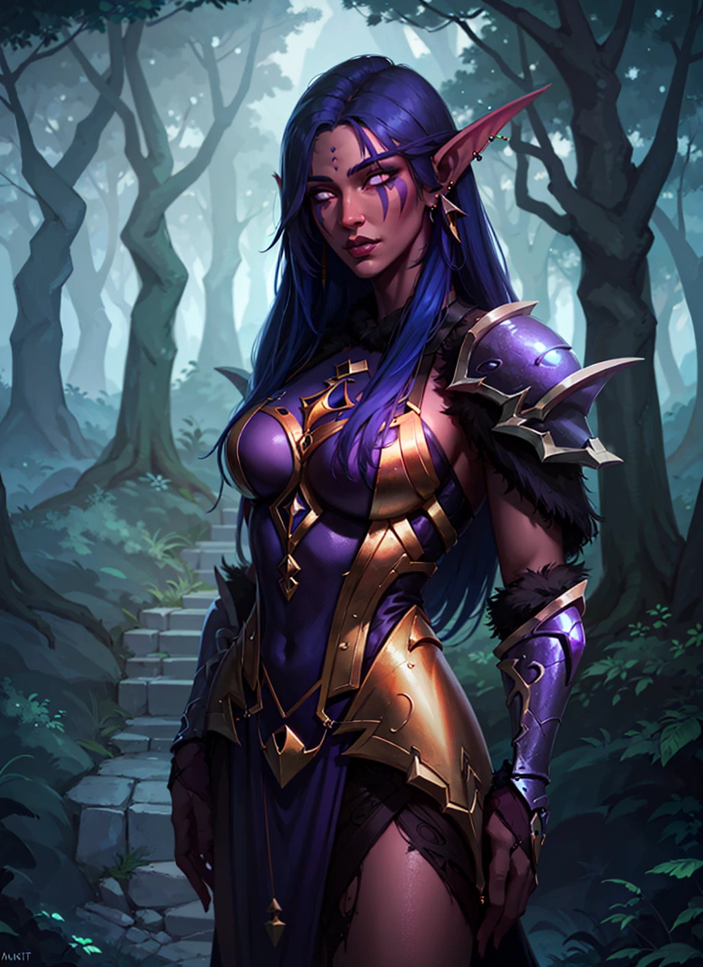 1girl, beautiful shenelf, dark skin, glowing white eyes, long blue hair, earrings, facial mark, purple armored dress, fur trim, forest, tree, night, dark atmosphere, athletic, volumetric lighting, best quality, masterpiece, realistic, <lora:sxz-night-elf-v3:0.7>