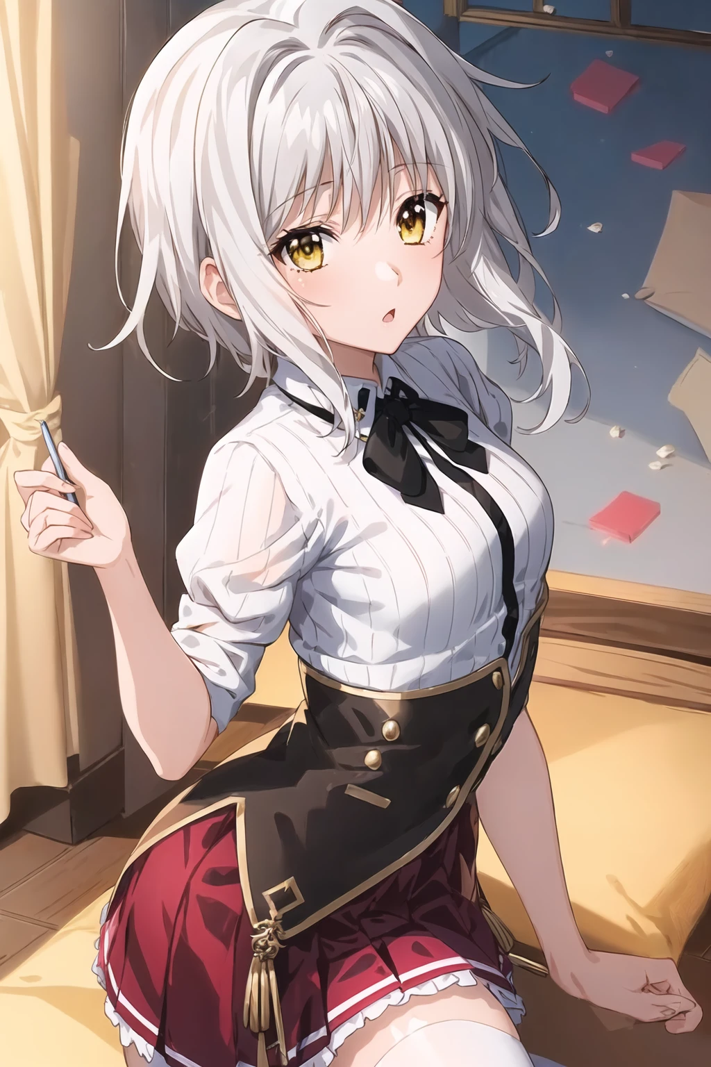 Koneko Toujou (DXD), 1girl, white hair, short hair, konekouniform, school uniform, white shirt, skirt, red skirt, black ribbon, black corset, 1girl, clear image:1, (correct anatomy:1.2), (best quality:1.2), best illumination, (best shadow:1.1), highres, (ray tracing:1), reflected light, (high detail clothes:1.3), ((illustration:1.1)), ((masterpiece)), (((best quality))), ((beautiful detailed eyes)), (extremely detailed CG unity 8k wallpaper:1), ((ultra-detailed:1)), colorful, wallpaper, (perfect artwork:1), (beautiful face:1), pure face, Detailed background, (detailed hands, five fingers), beautiful facial features, yellow eyes,