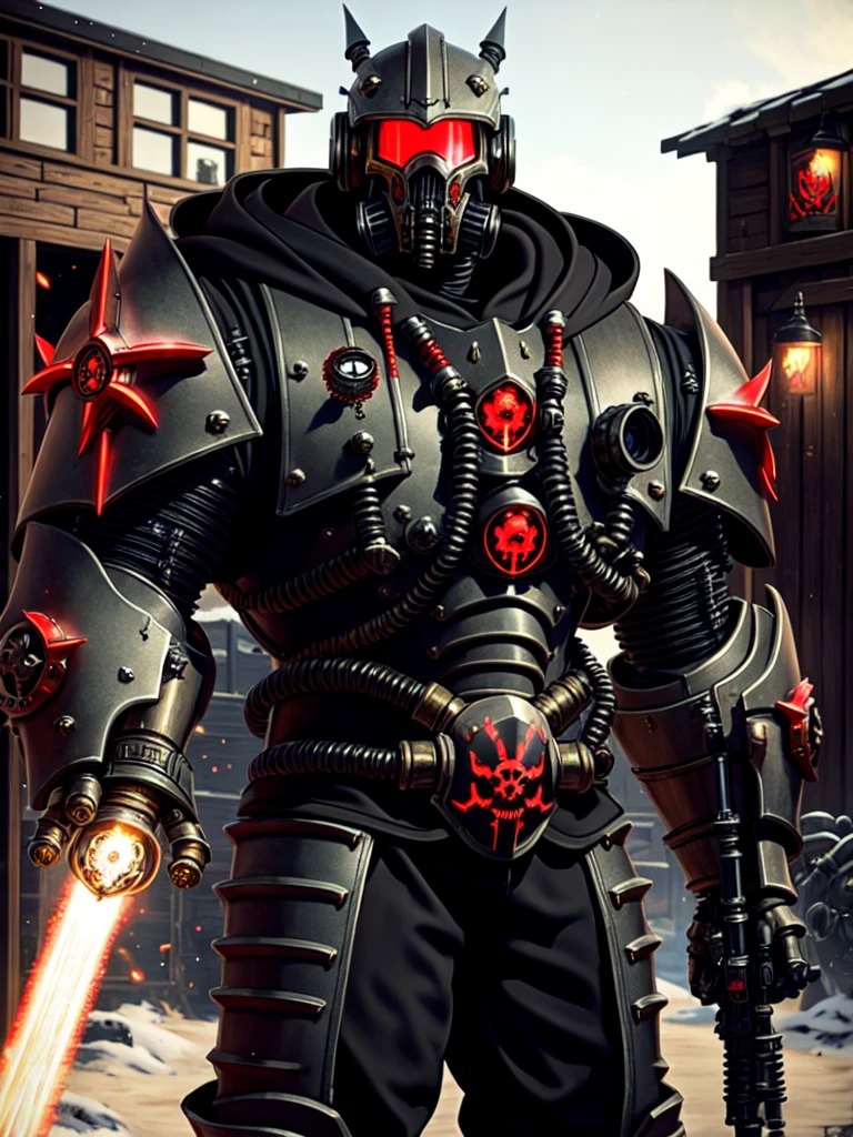 cat in power armor-hoodie adeptus mechanicus, eyepieces, finely detailed armor, looking away, encrusted with skulls, black and red, warhammer 40k, dark tones, blacksmith shop in the background, sparks, cinematic lighting, hyper realistic