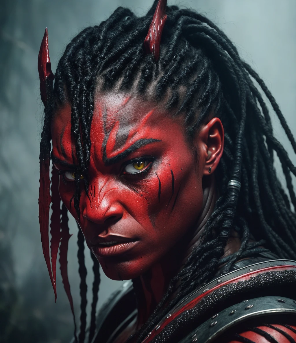 RAW photo, woman Predator from the movie "The Predator", Yautja, moody, intricate details, dramatic composition, tension, contrast, texture, realism, high-quality rendering, stunning art, high quality, film grain, Fujifilm XT3, detailed skin, (volumetric fog:1.1)