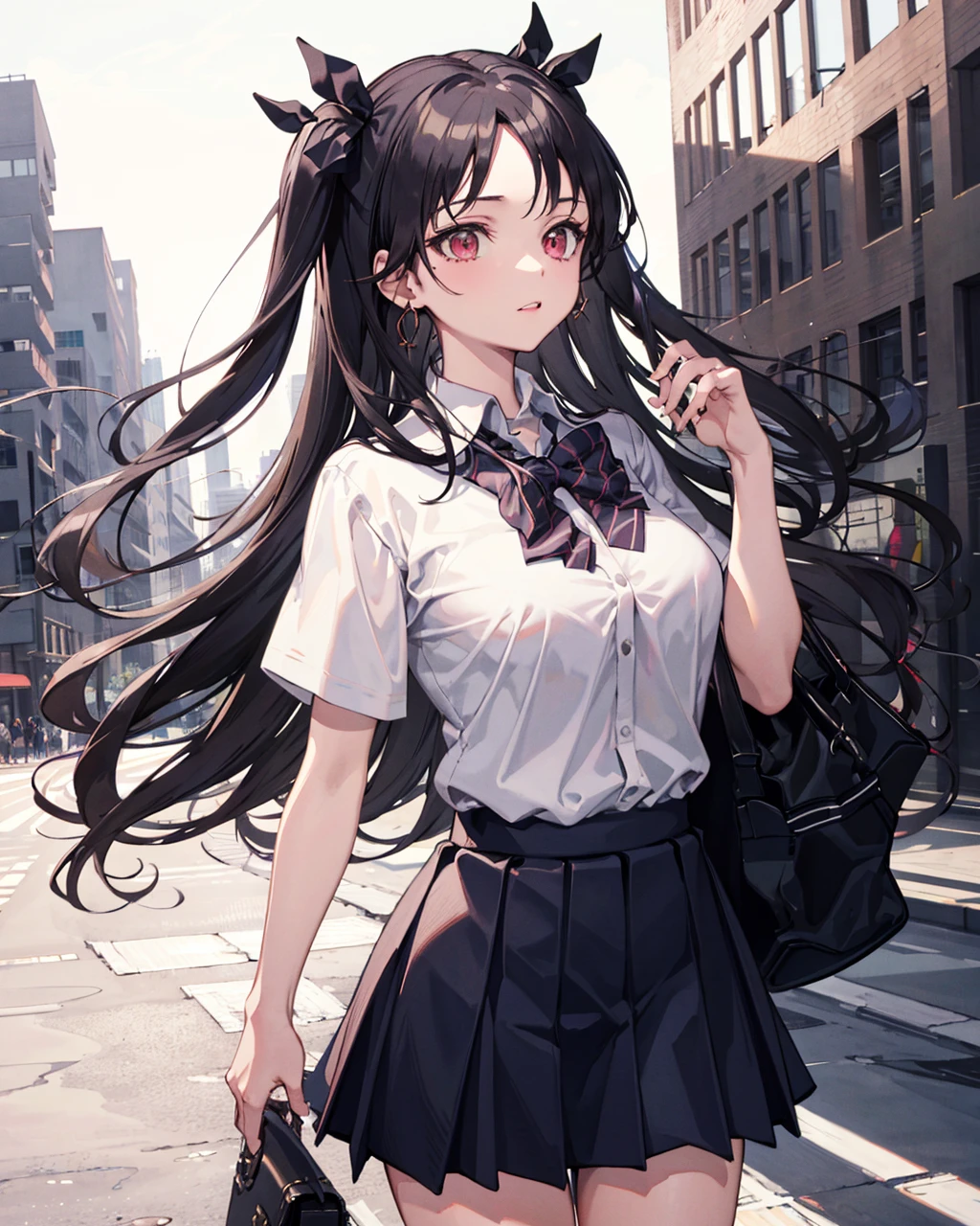 ishtar \(fate\), 1girl,solo,  <lora:IshtarV2:0.7>, cowboy shot, large breasts,black_hair,((school uniform:1.2)),outdoors,cityscape,