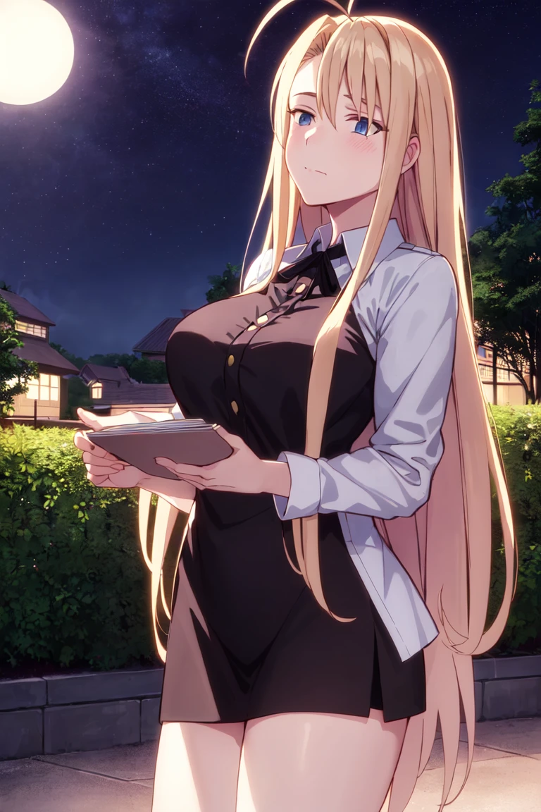 masterpiece, best_quality, 1girl, solo, evangeline a.k. mcdowell, evangeline a.k. mcdowell \(adult\), uq holder!, ahoge, outdoors, night