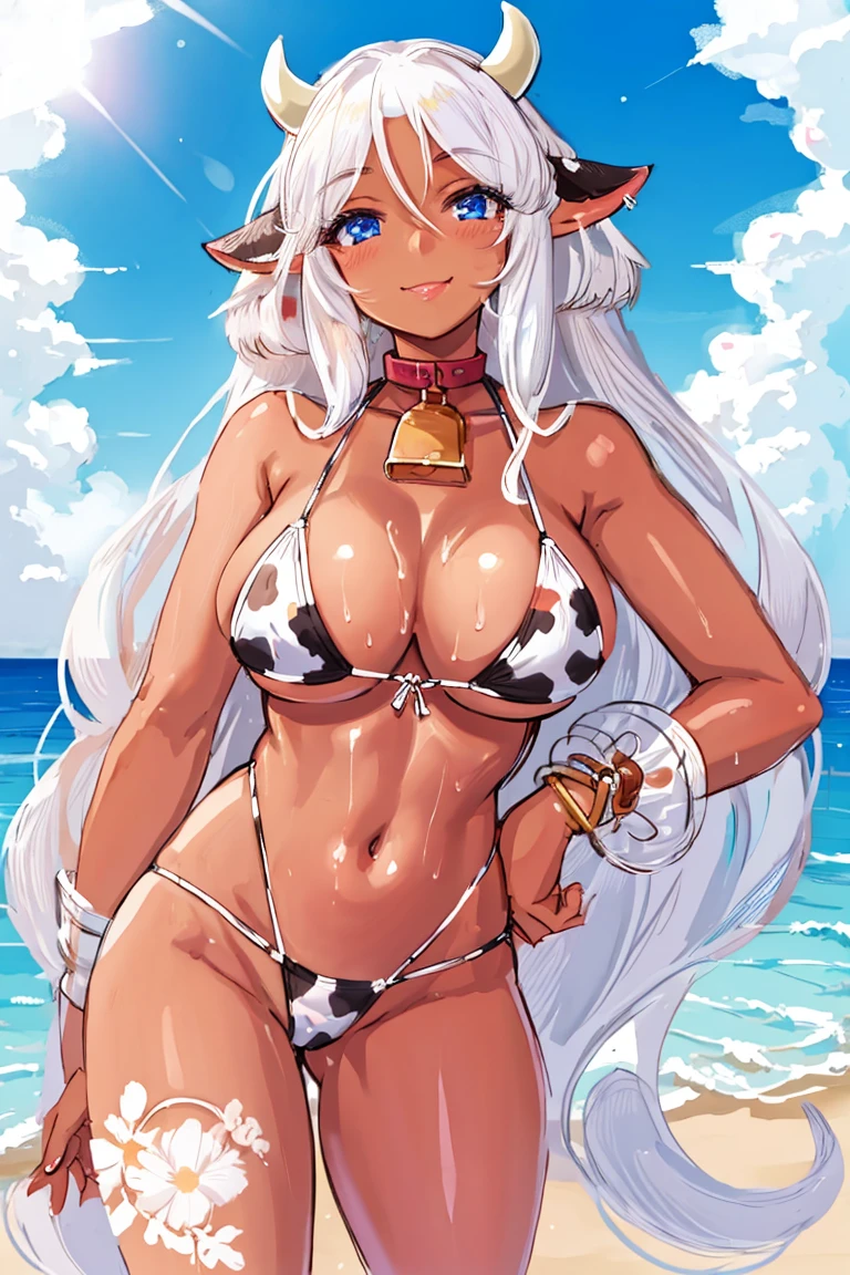 cow bikini, cow horns, standing, wet body, cowbell, 1girl, smile, white hair,  elf, {dark skin},  blue eyes, detail eyes,  beach, large breasts, high thigs,  lips, moist lips,