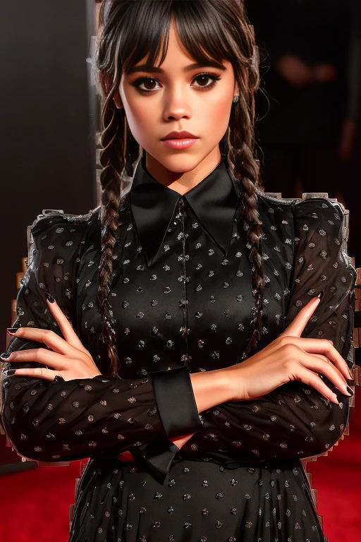 photo of JennaOrtega, a woman as a movie star, modelshoot style, (extremely detailed CG unity 8k wallpaper), Intricate, High Detail, Sharp focus, dramatic,photorealistic painting art by midjourney and greg rutkowski , (frowning, twin braids), ((movie premiere gala)), ((standing on the red carpet)), ((paparazzi in the background)), (looking at viewer), (detailed pupils:1.2), (elegant black dress:1.3) dimly lit,  <lora:JennaOrtega:0.6>