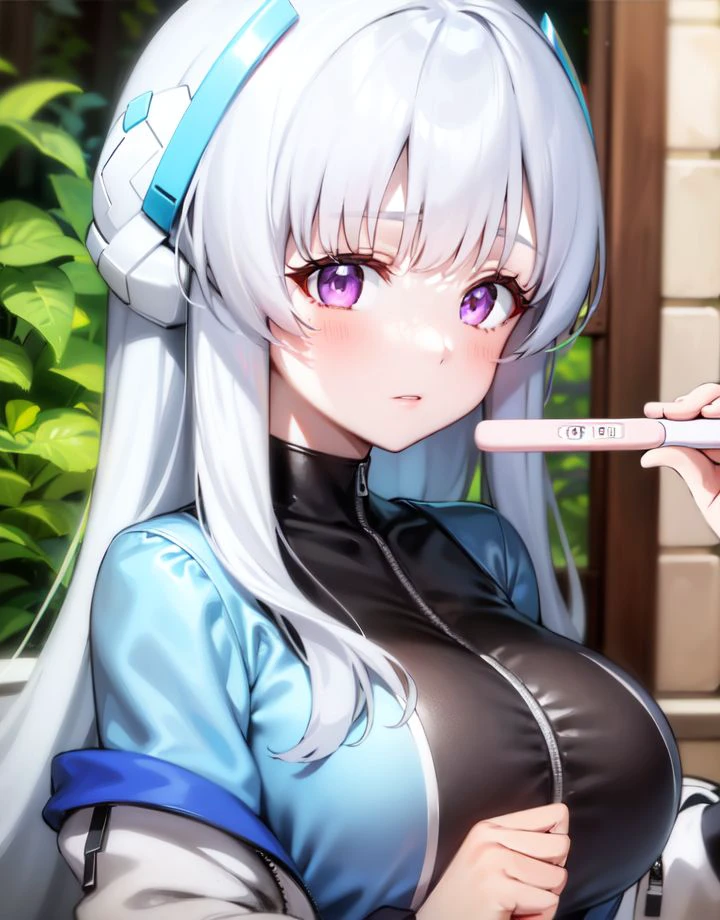 1girl, looking at viewer, (pregnancy test:1.1), (holding:1.25), 1girl, solo, white hair, purple eyes, large breasts, (upper body:1.2), long hair, jacket, two-sided jacket,