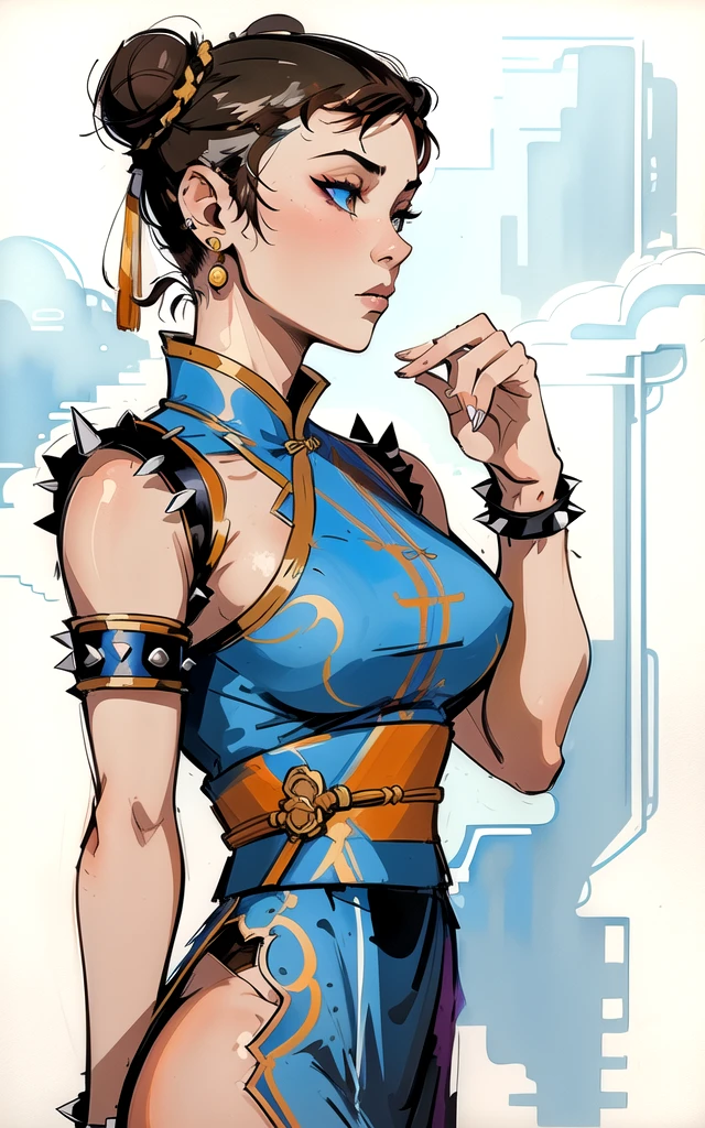 masterpiece, best quality, profile of 1girl, chun-li, solo, view from far, brown hair, earrings, double hair bun, bun cover, blue chinese clothes, short sleeves, eyeshadow, makeup, closed mouth, sash, medium breasts, bracelet, spikes, short hair, traditional media, painting , long shot