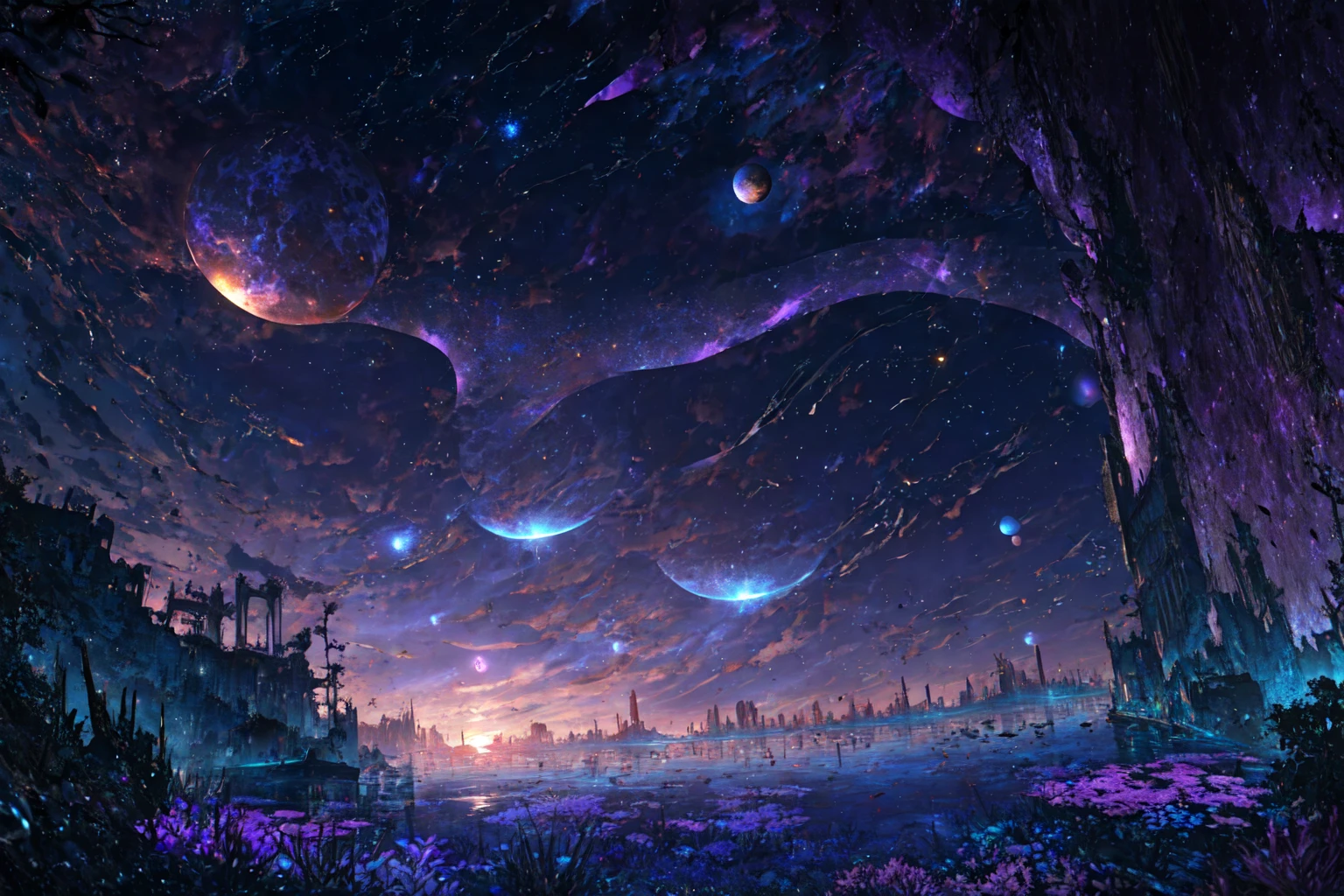 masterpiece, best quality, no_humans,((ruins)), <lora:RAL:0.6>,space,glowing,tanabata, tanzaku,city,milky_way,buildings,underwater,blood,earth \(planet\), <lora:Earth:0.5>,purple_theme