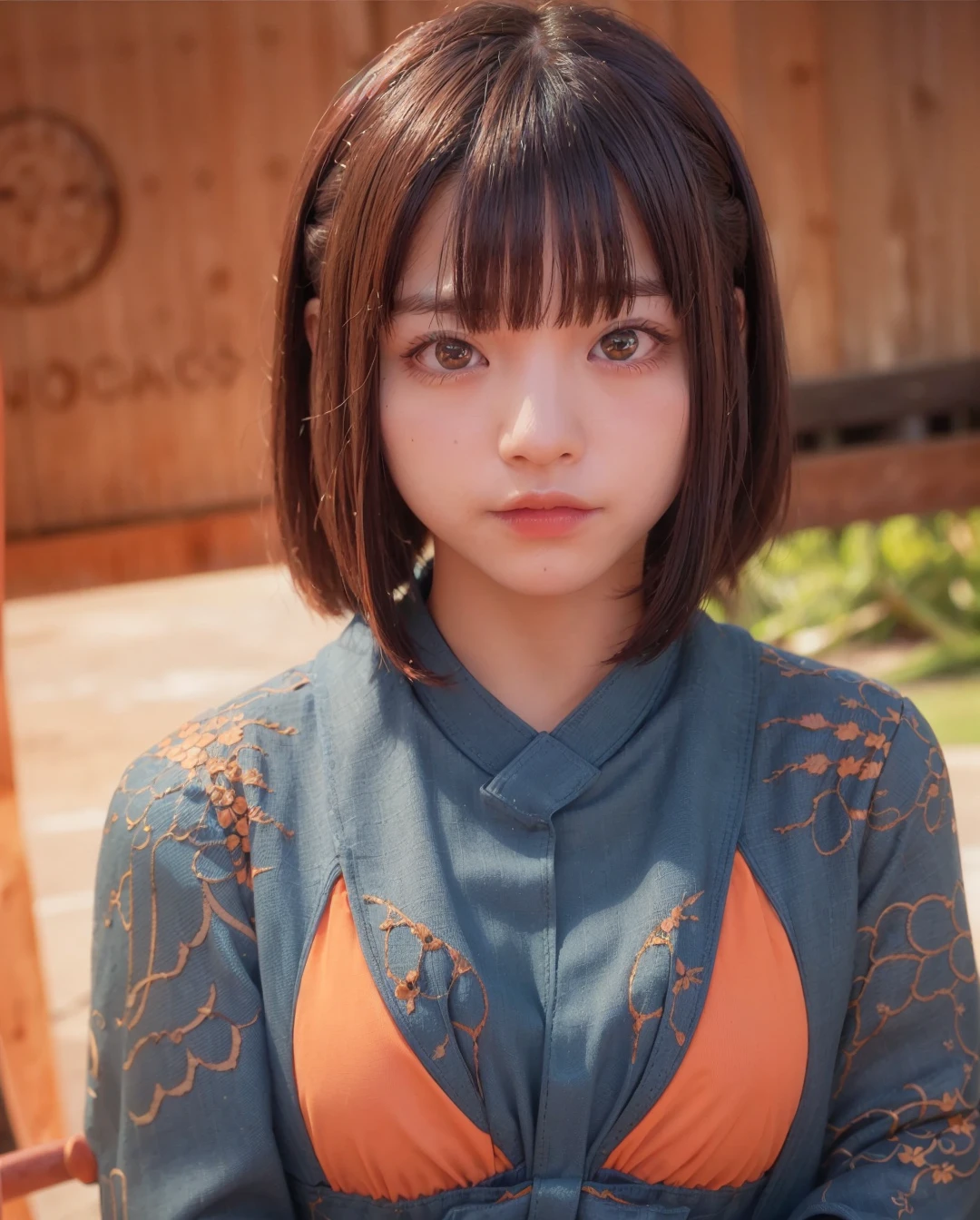 best quality, photorealistic, 8k, high res, 1girl, woman, (professional lighting), (portrait:0.6), (blue and orange kimono dress:1.72), gorgeous, black hair, (1girl eyes looking at viewer:1.7), ((looking at viewer:1.6)), photorealistic, (bokeh), (portait:0.6), (dynamic pose:1.2), sfw, (smile:1),   <lora:nagi:0.71>