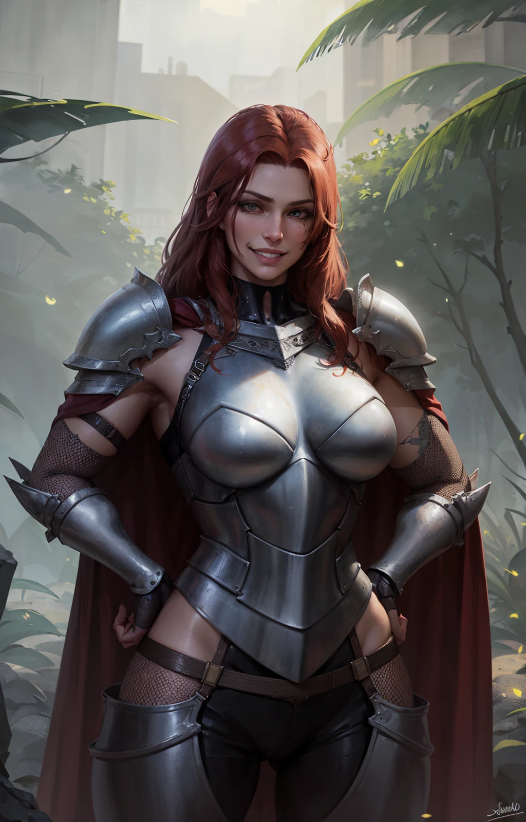 Jennifer Korbin, ginger hair, sexy female gladiator, wearing armour, heavy armour, nipple slip