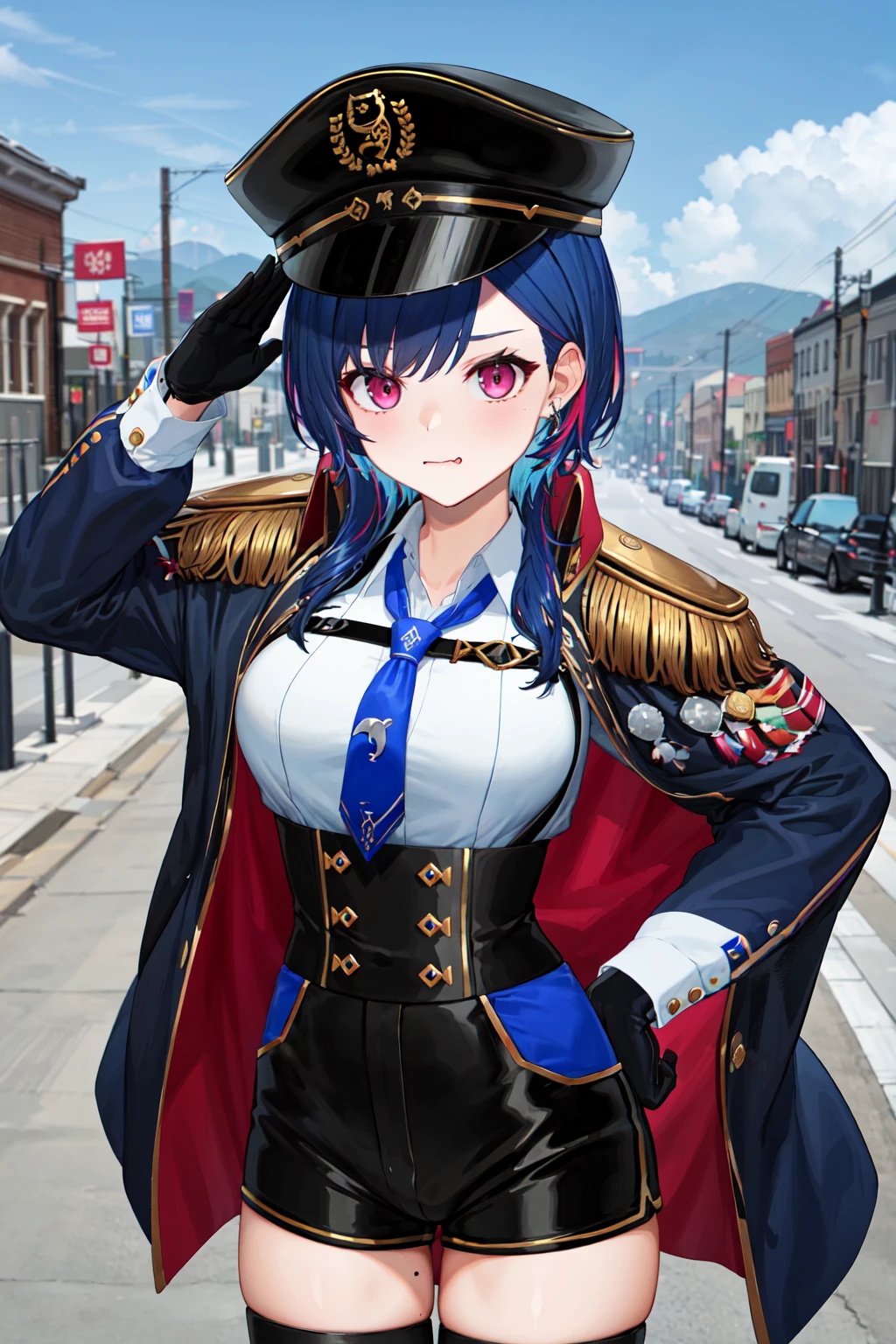 masterpeace, best quality, highres, 1girl, solo, blue hair, hat, multicolored hair, epaulettes, thighhighs, white shirt, collared shirt, black jacket, jewelry, blue necktie, black shorts, necktie, long sleeves, black headwear, earrings, bangs, mole, black gloves, peaked cap, medium breasts, pink hair, fang, <lora:nishizono_chigusa_v2:0.7>, cowboy shot, salute, outdoors,