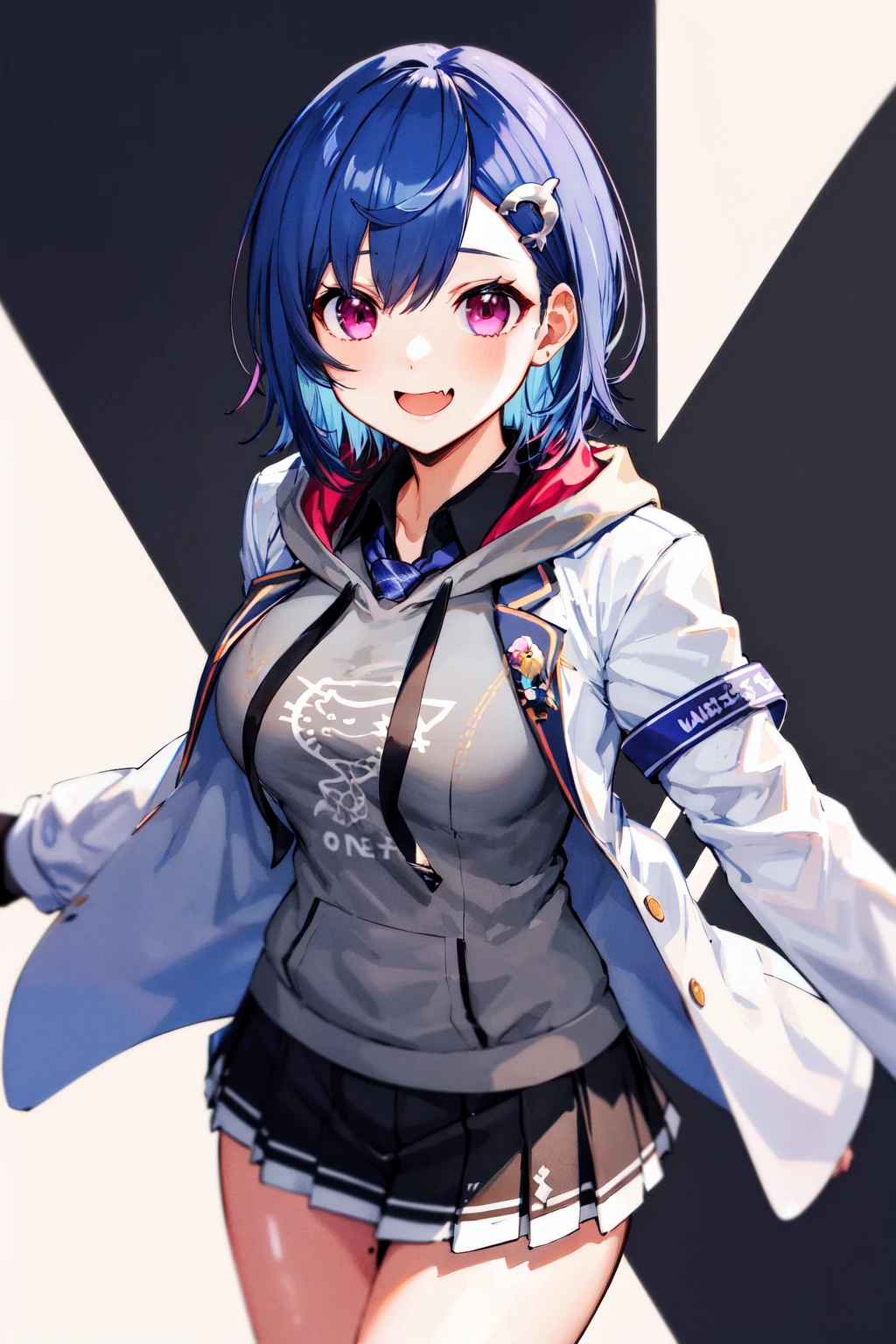 masterpeace, best quality, highres, 1girl, solo, grey hoodie, fang, blue hair, skin fang, blazer, short hair, white jacket, (mole on thigh:0.9), bangs, black skirt, hair behind ear, black socks, collared shirt, purple eyes, pleated skirt, armband, mole, hair ornament, large breasts. <lora:nishizono_chigusa_v2:0.7>, cowboy shot, smile,