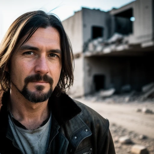 RAW photo, a close up portrait photo of brutal 45 y.o man in wastelander clothes, long haircut, pale skin, slim body, background is city ruins, (high detailed skin:1.2), 8k uhd, dslr, soft lighting, high quality, film grain, Fujifilm XT3