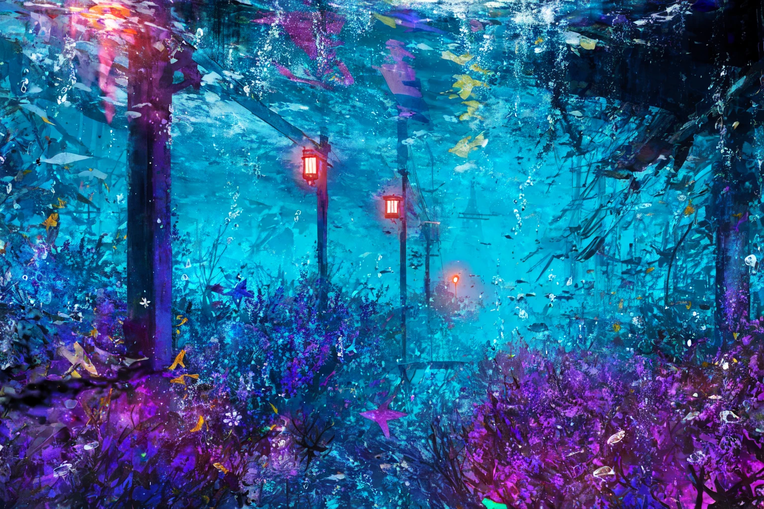 masterpiece, best quality, no_humans,ruins, <lora:RAL:1>,underwater,space,glowing,city,tanabata, tanzaku