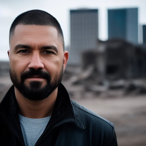 RAW photo, a close up portrait photo of brutal 45 y.o man in wastelander clothes, long haircut, pale skin, slim body, background is city ruins, (high detailed skin:1.2), 8k uhd, dslr, soft lighting, high quality, film grain, Fujifilm XT3<lora:LORA14DM320realisticVisionV20_v20:1>