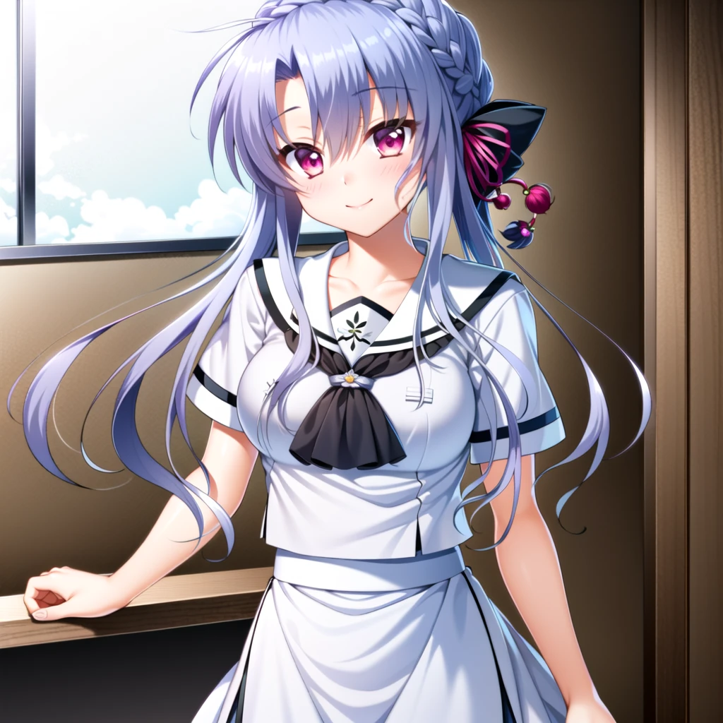 ((masterpiece)), ((best quality)), ((highres)), ((extremely detailed CG unity 8k wallpaper)), solo, <lora:sorakado ao-000005:0.8>, sorakado ao, white school uniform, white skirt, black socks, full body, smile, indoors, garnet eyes,