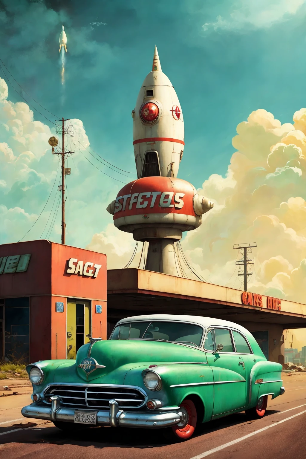 cars around abandoned gas station sign made from a rocket (AtomPunkStyleSD15:1.0)
(masterpiece:1.5) (painting:1.1) (best quality) (detailed) (intricate) (8k) (HDR) (wallpaper) (cinematic lighting) (sharp focus)