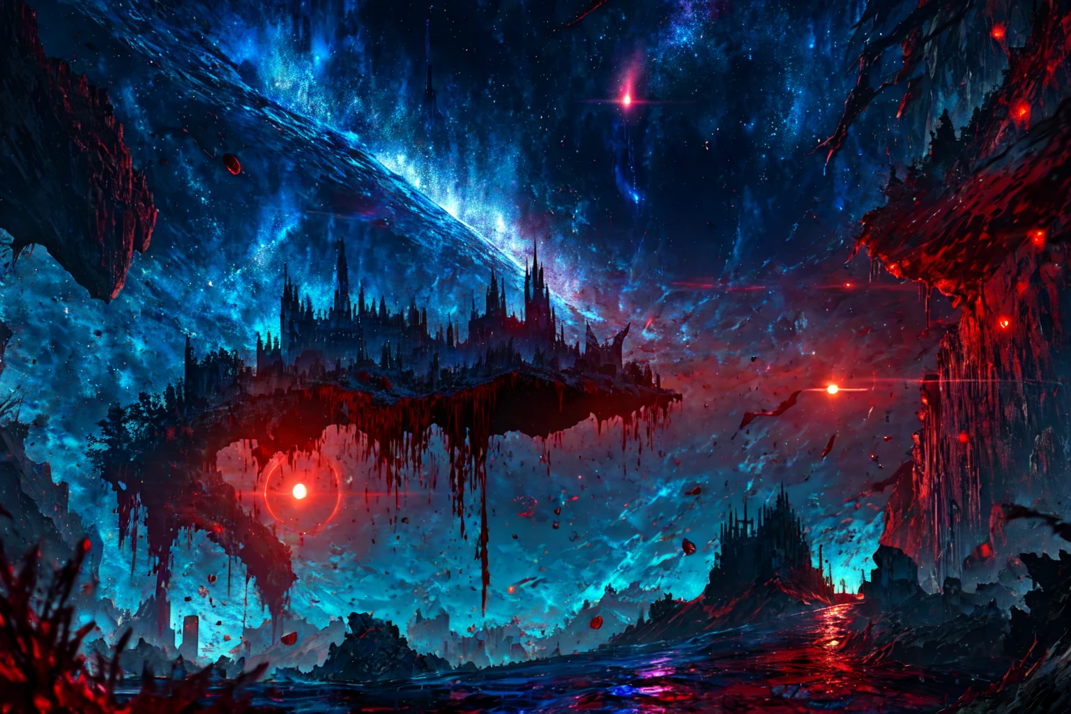 masterpiece, best quality, no_humans,((ruins)), <lora:RAL:0.6>,space,glowing,tanabata, tanzaku,city,milky_way,buildings,underwater,blood,earth \(planet\), <lora:Earth:0.5>,red_theme