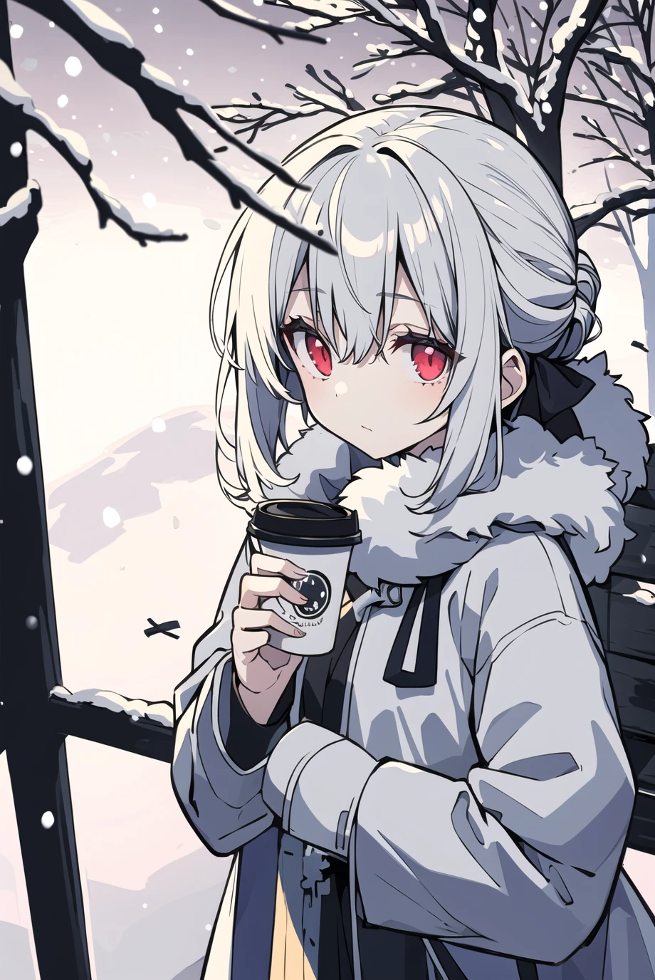 masterpiece, best quality, ultra-detailed, (portrait:1.25) of a young girl standing in a snowy forest, holding disposable cup, wearing a long coat and boots, with fur trim, long white hair tied up in a loose bun, beautiful red eyes, (a few trees and snow-covered branches in the background: 1.05), (a faint glow or aurora borealis in the sky: 1.15), (subtle texture and details on the snow and the girl’s clothes: 1.2), (a sense of depth and perspective in the composition: 1.25), (a sense of stillness and quietness: 1.3)