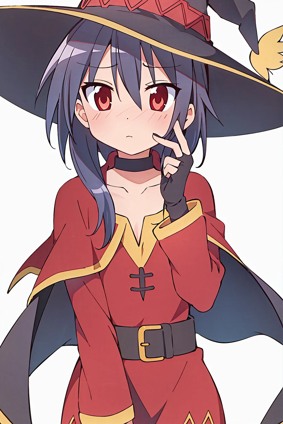 lucky star, megumin, 1girl, bare shoulders, black cape, black gloves, black hair, blush, cape, choker, collarbone, dress, fingerless gloves, gloves, hair between eyes, hat, long sleeves, looking at viewer, medium hair, off-shoulder dress, off shoulder, red dress, red eyes, sidelocks, simple background, solo,white background, witch hat, ((masterpiece))     <lora:lucky_star_offset:1>