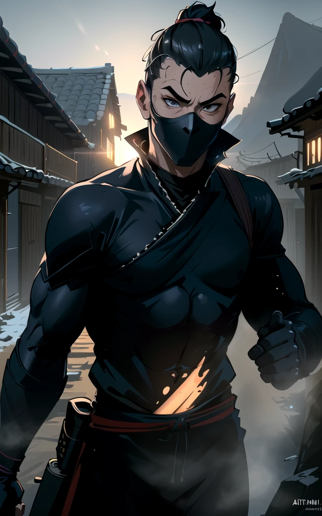 masterpiece, artstation, best quality, 8k, ultrarealistic, digital art, illustration of ninja man, ninja outfit, slim, athletic, in village, ambient light, backlight, volumetric lighting, realistic, realistic lighting, cinematic lighting, sharp focus