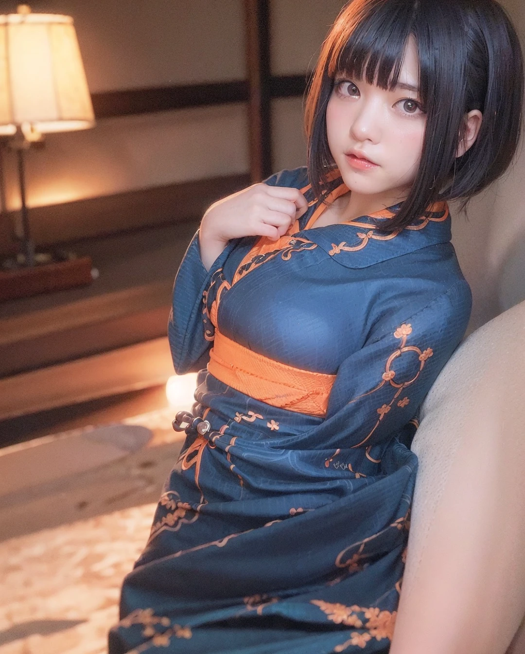 best quality, photorealistic, 8k, high res, 1girl, woman, (professional lighting), (portrait:0.6), (blue and orange kimono dress:1.72), gorgeous, black hair, (1girl eyes looking at viewer:1.7), ((looking at viewer:1.6)), photorealistic, (bokeh), (portait:0.6), (dynamic pose:1.2), sfw, (smile:1),   <lora:nagi:0.71>