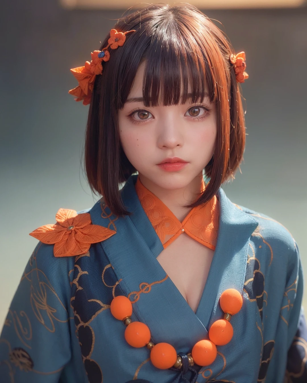 best quality, photorealistic, 8k, high res, 1girl, woman, (professional lighting), (portrait:0.6), (blue and orange kimono dress:1.72), gorgeous, black hair, (1girl eyes looking at viewer:1.7), ((looking at viewer:1.6)), photorealistic, (bokeh), (portait:0.6), (dynamic pose:1.2), sfw, (smile:1),   <lora:nagi:0.51>